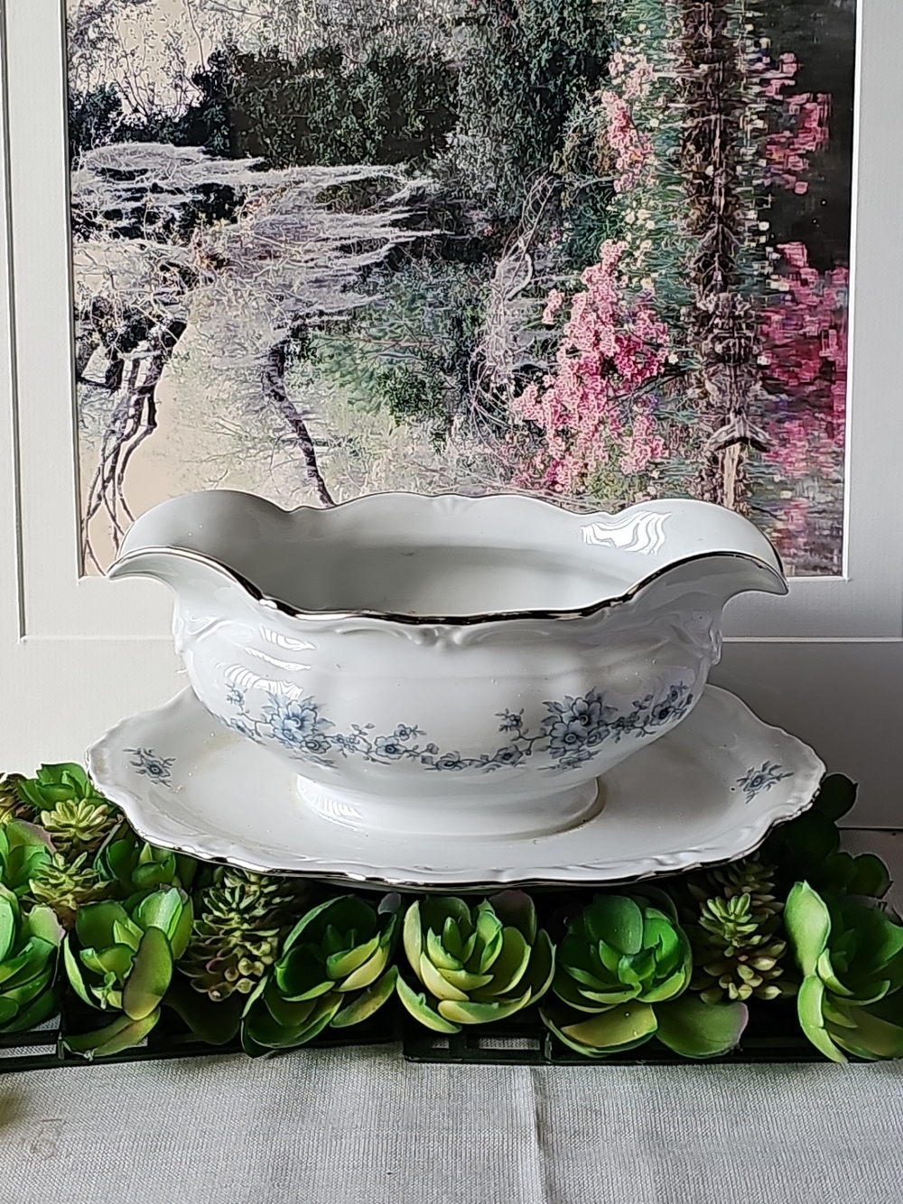 Winterling Bavaria Germany White Porcelain Gravy Boat with Blue Floral Trim